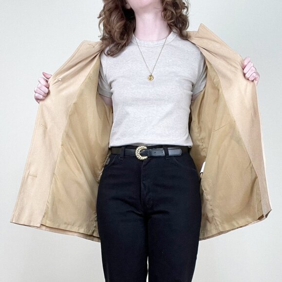 Vintage 90s Y2K Long Faux Suede Leather Peacoat Trench Jacket Quiet Luxury Coat - Picture 3 of 9